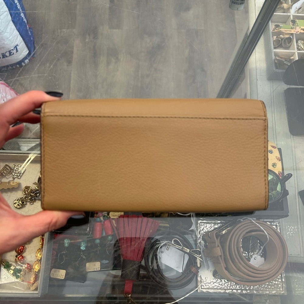 Coach Taupe Leather Flap Wallet Brass Turn Lock Long Bifold Neutral - Picture 2 of 7